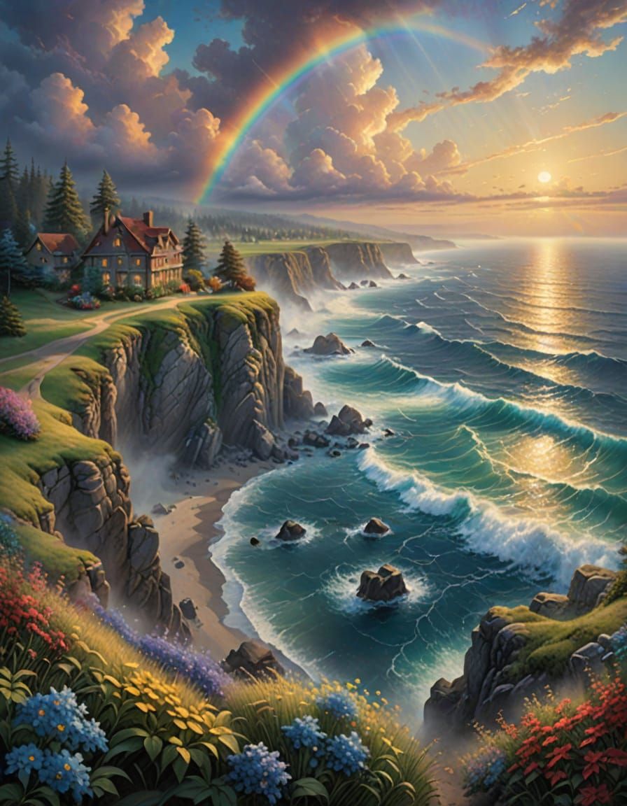 Hyper-Realistic Rainbow Cliffside Oasis