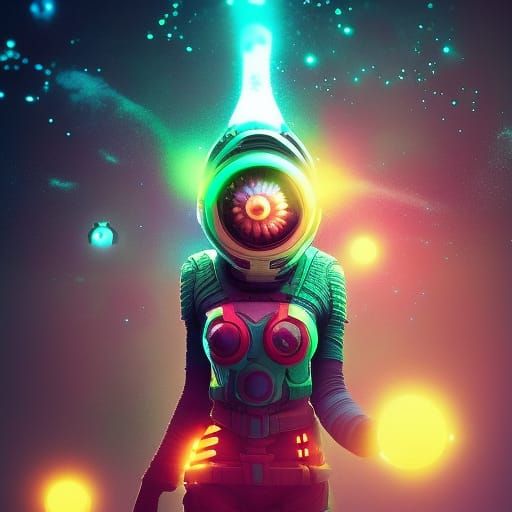 Glowing Shroompunk Astronaut in Vibrant Sci-Fi Landscape
