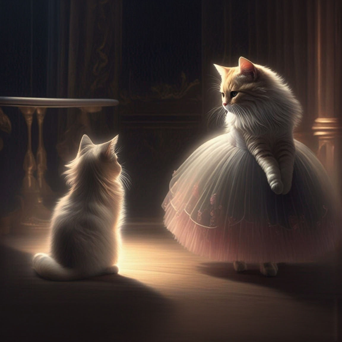 Ethereal Ballerina Cat in Cinematic Setting