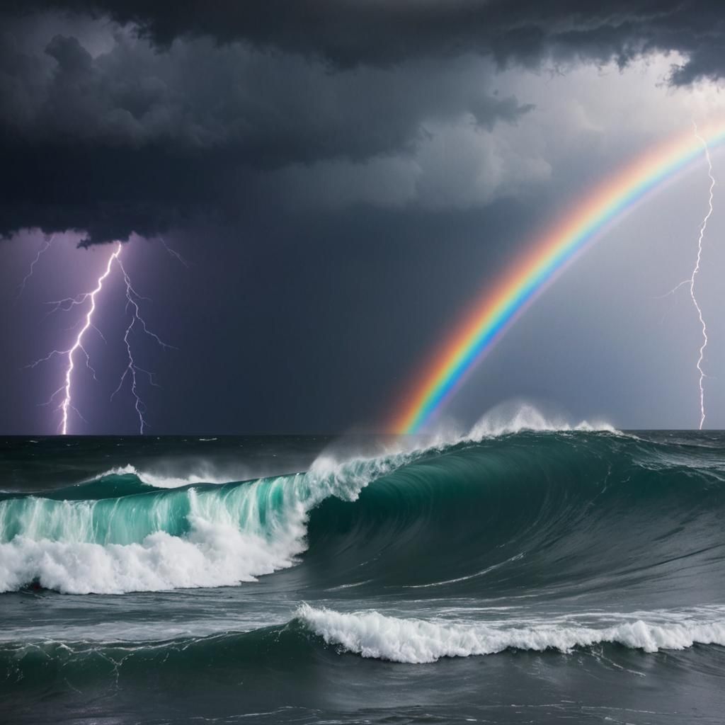 Stormy Seascape with Hopeful Rainbow Breaking Through