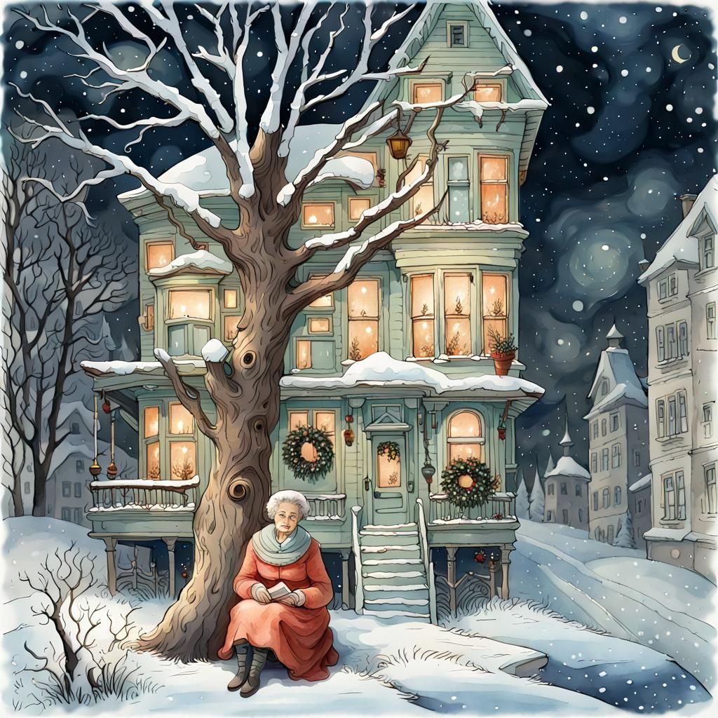 Ethereal Victorian Christmas Scene in Whimsical Watercolor