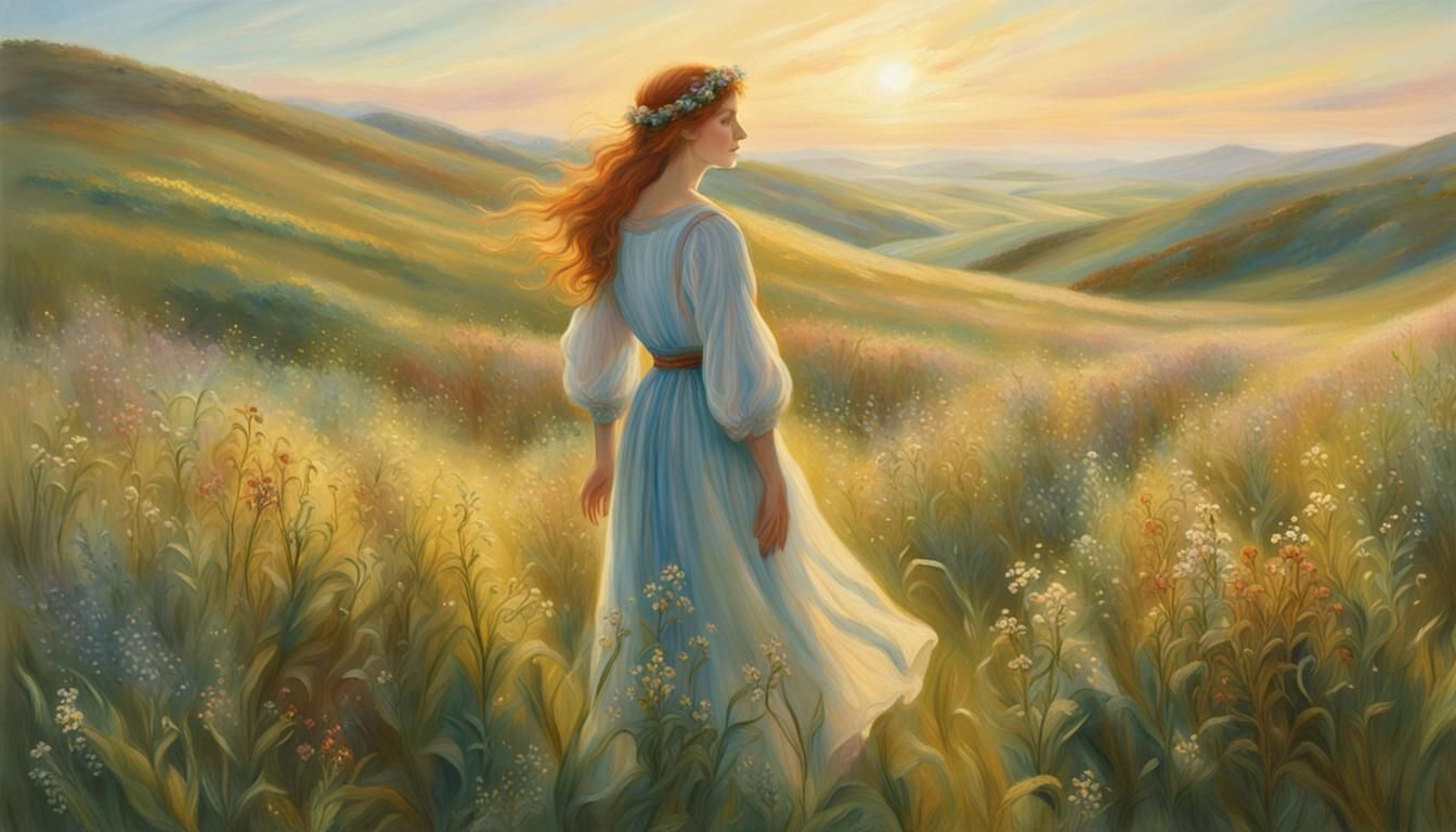 Enchanting Woman in a Sunlit Meadow, Pre-Raphaelite Style