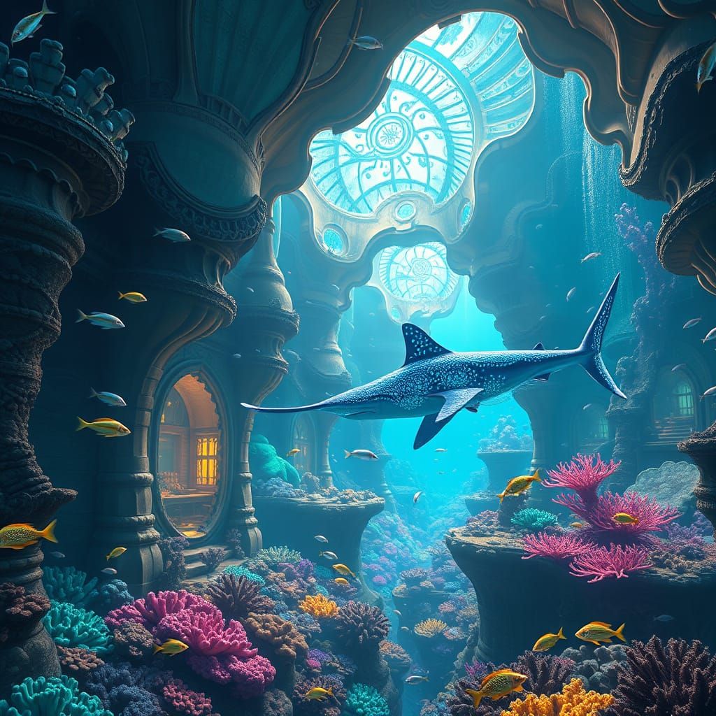 Bioluminescent Underwater City Within Coral Reef