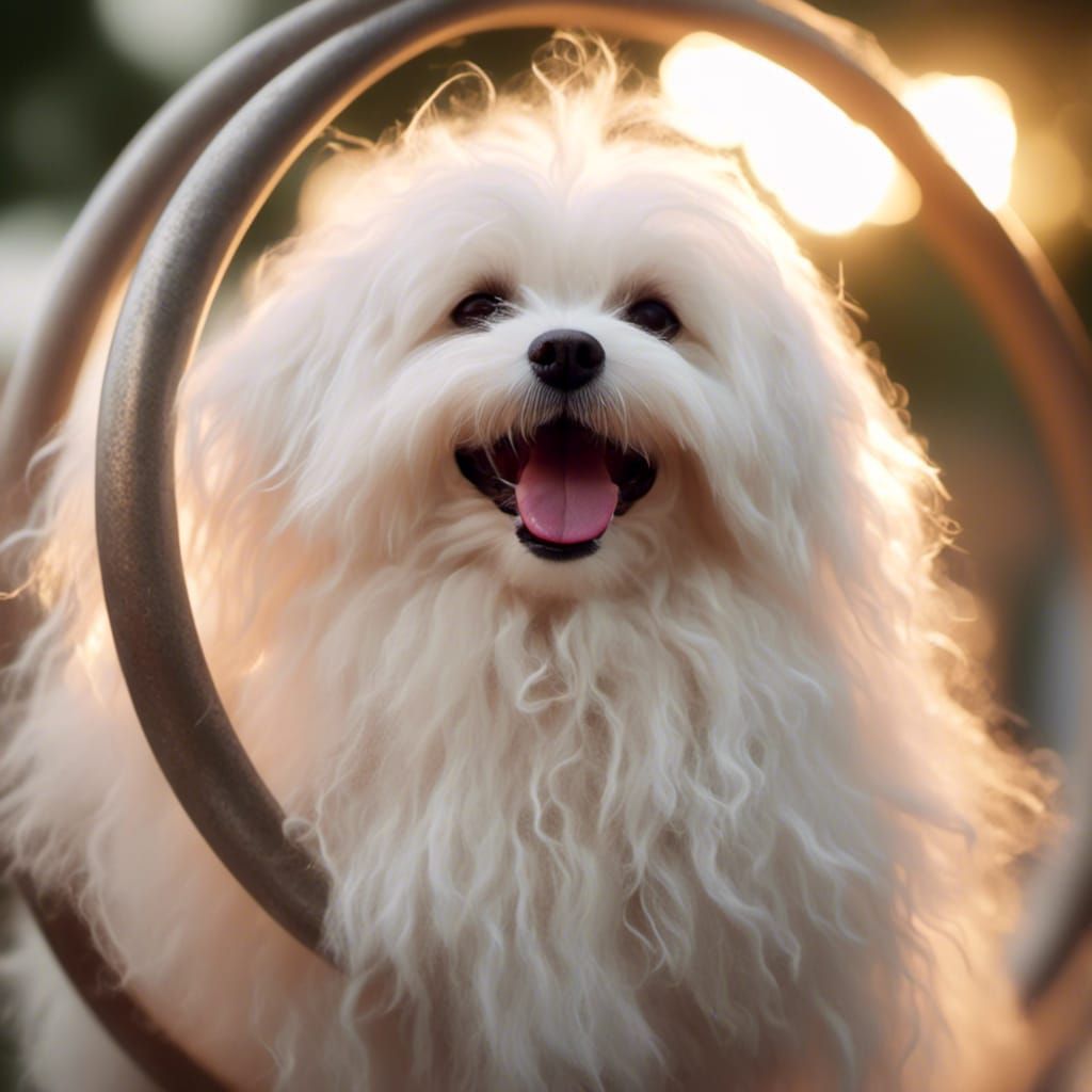 A Bolognese dog jumping through a hoop