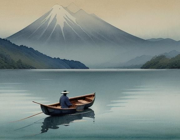 Traditional Japanese Serenity: Fisherman on a Misty Lake