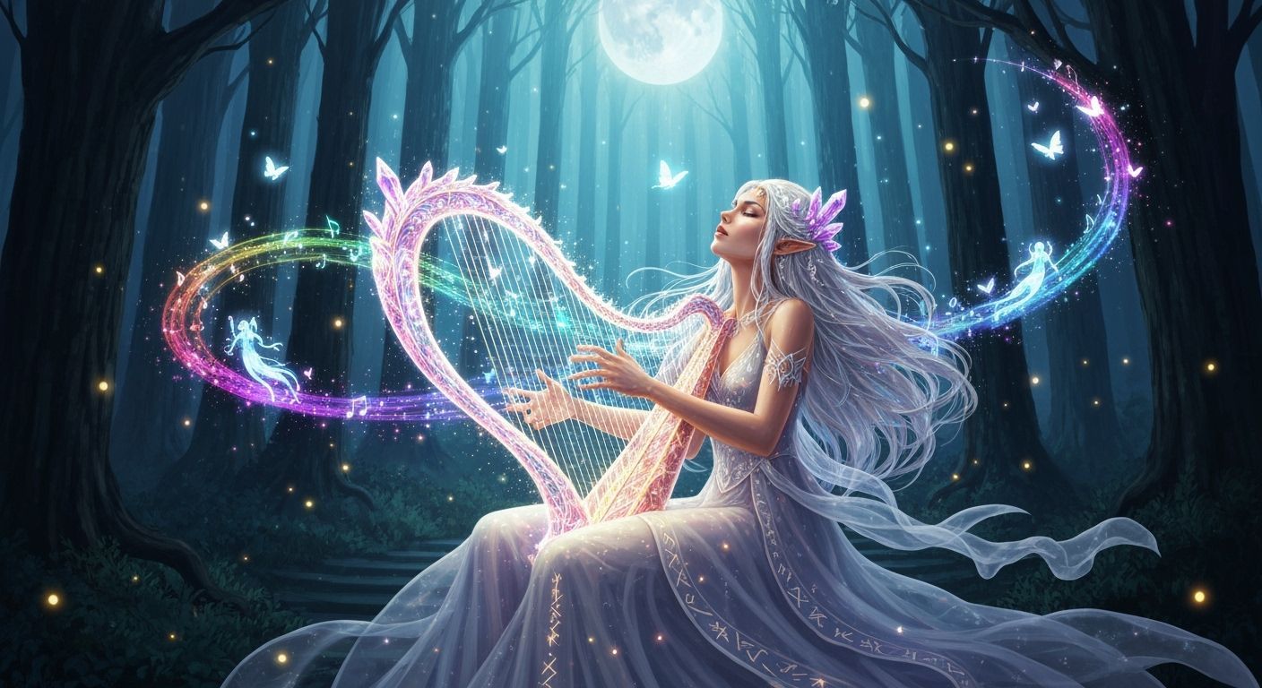 Fey Musician Plays Crystalline Harp in Enchanted Forest