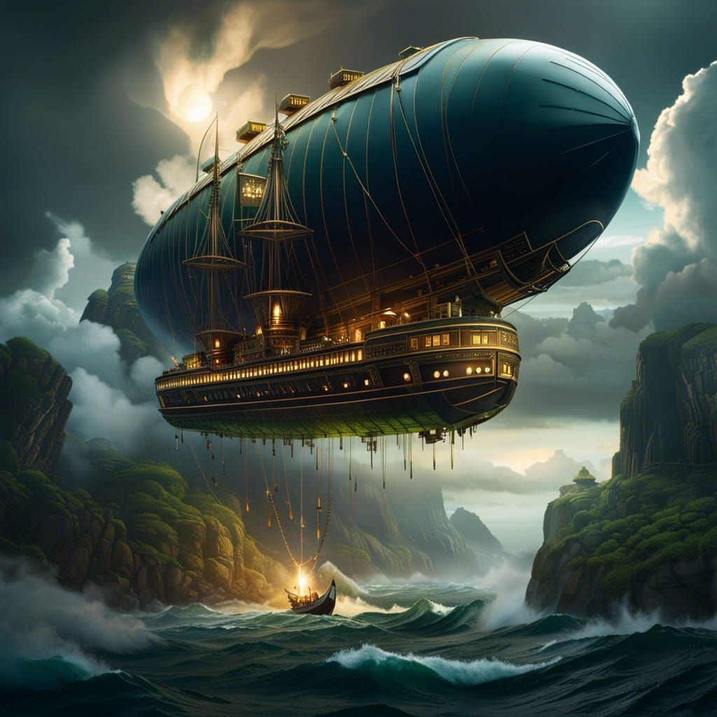 Steampunk Airship Sails through Stormy Skies