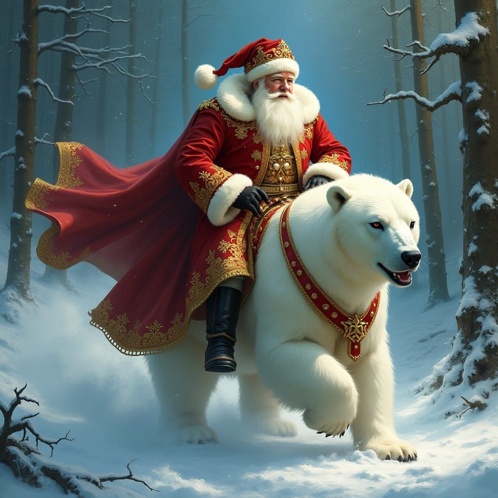 Gothic Santa Claus Rides Polar Bear in Crimson Regalia