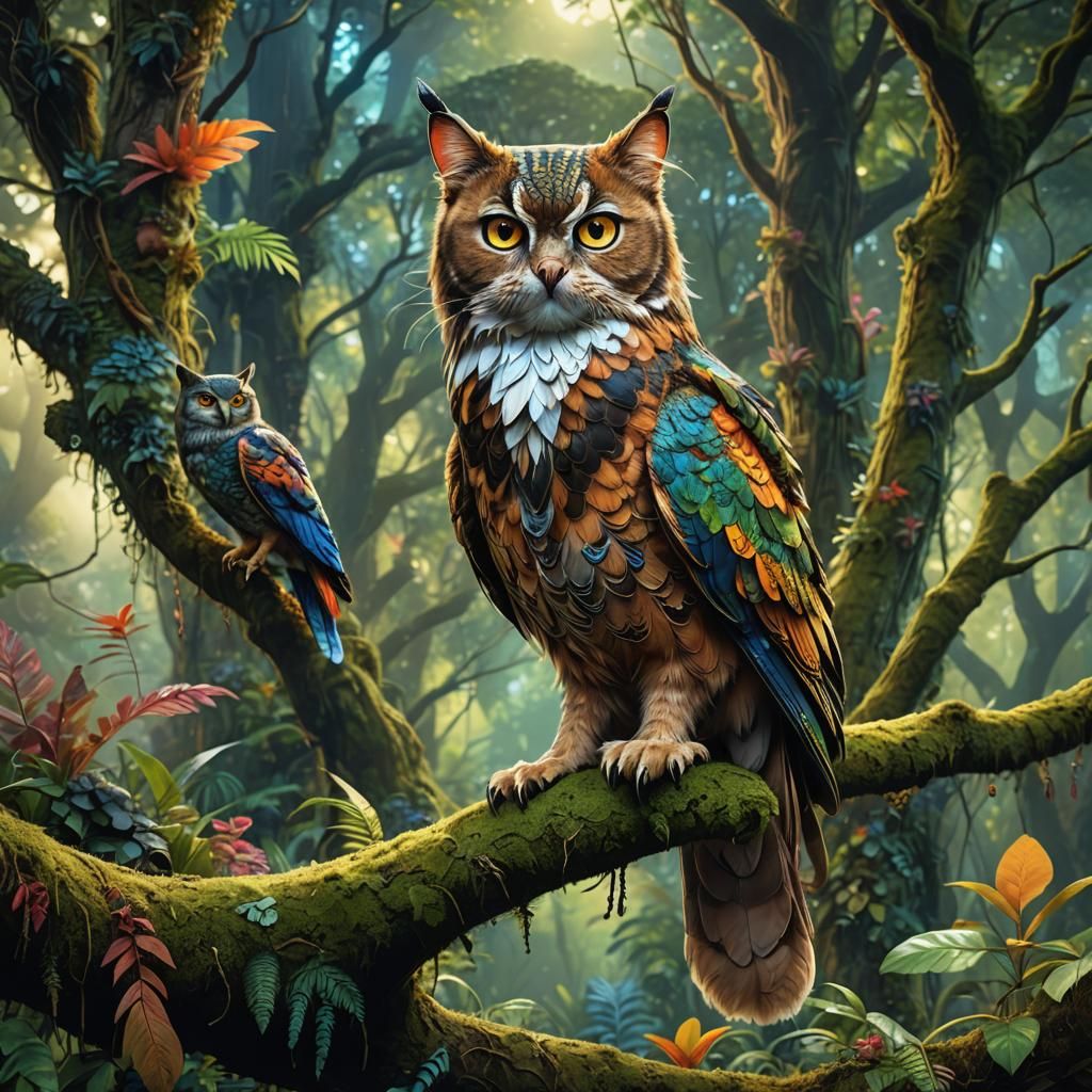 Fantasy Cat Owl Hybrid in Vibrant Rainforest