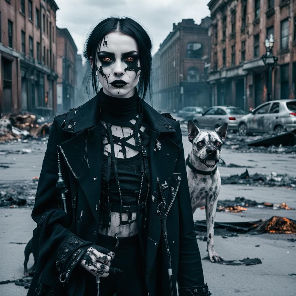 Goth Fashion Model Surrounded by Ruin in Dark Urban Landscap...