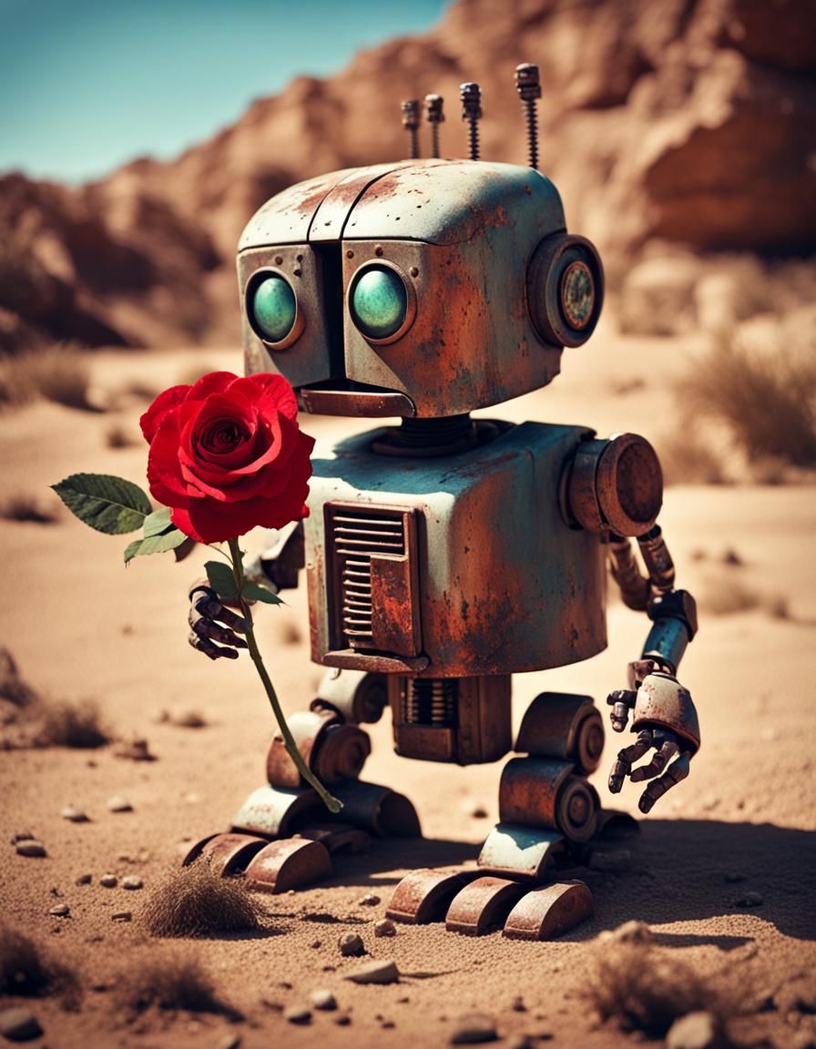 Retro Futuristic Robot Finds Solace in Desert Ruins