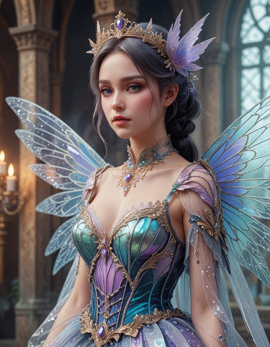 Anime Fairy Queen in Gothic Dress with Iridescent Wings