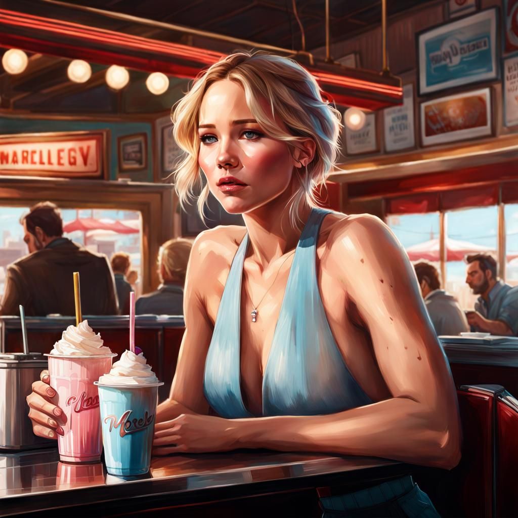Jennifer Lawrence in Vintage Diner Settings with Milkshake