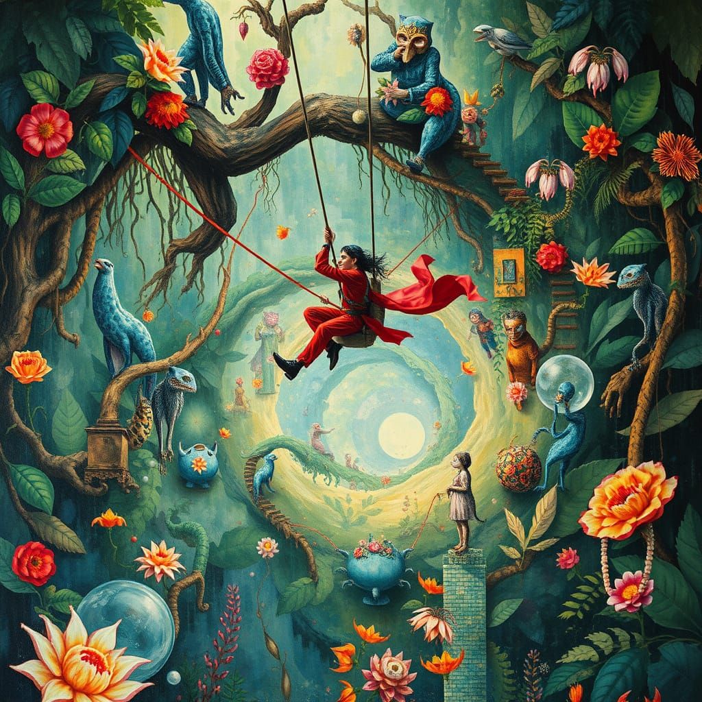 Zipliner Descending into Jungle Vortex in Bosch Style