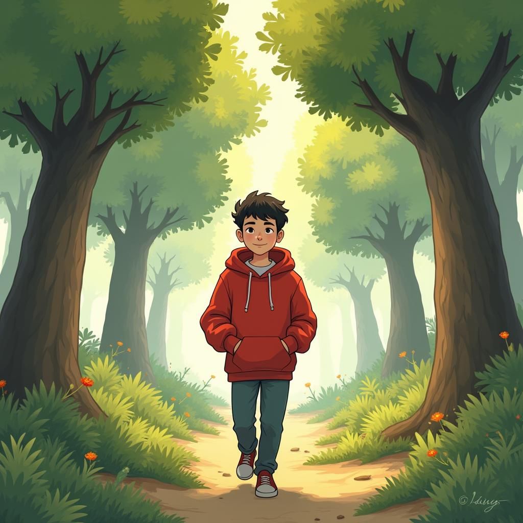 Young Man Walks in Whimsical Forest with Red Hoodie