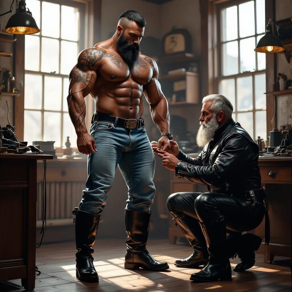 Bodybuilder Measured by Tailor in Leather Uniforms