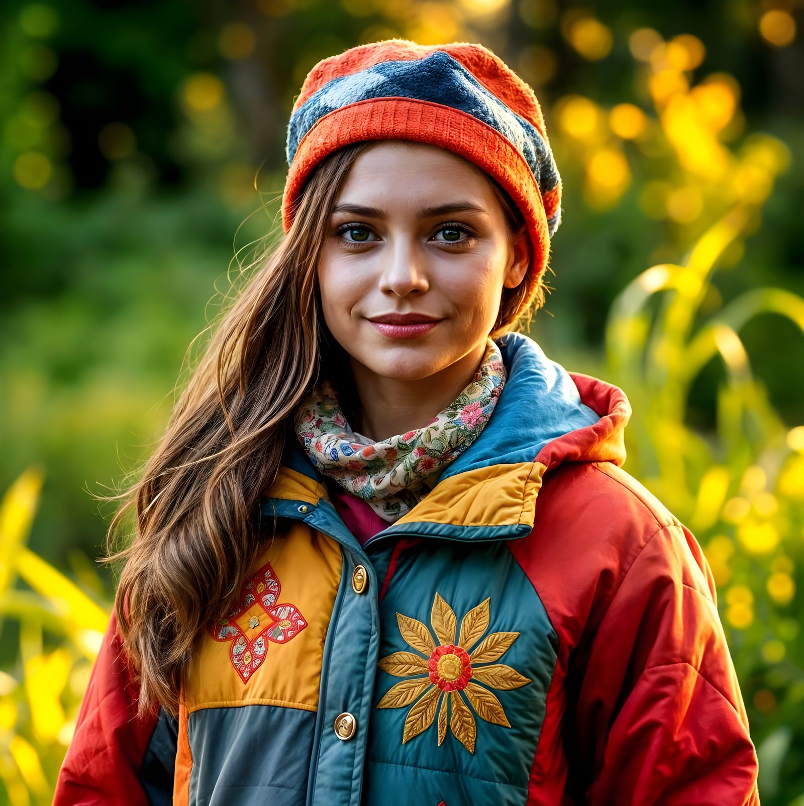 Glowing Woman in Vibrant Quilted Coat