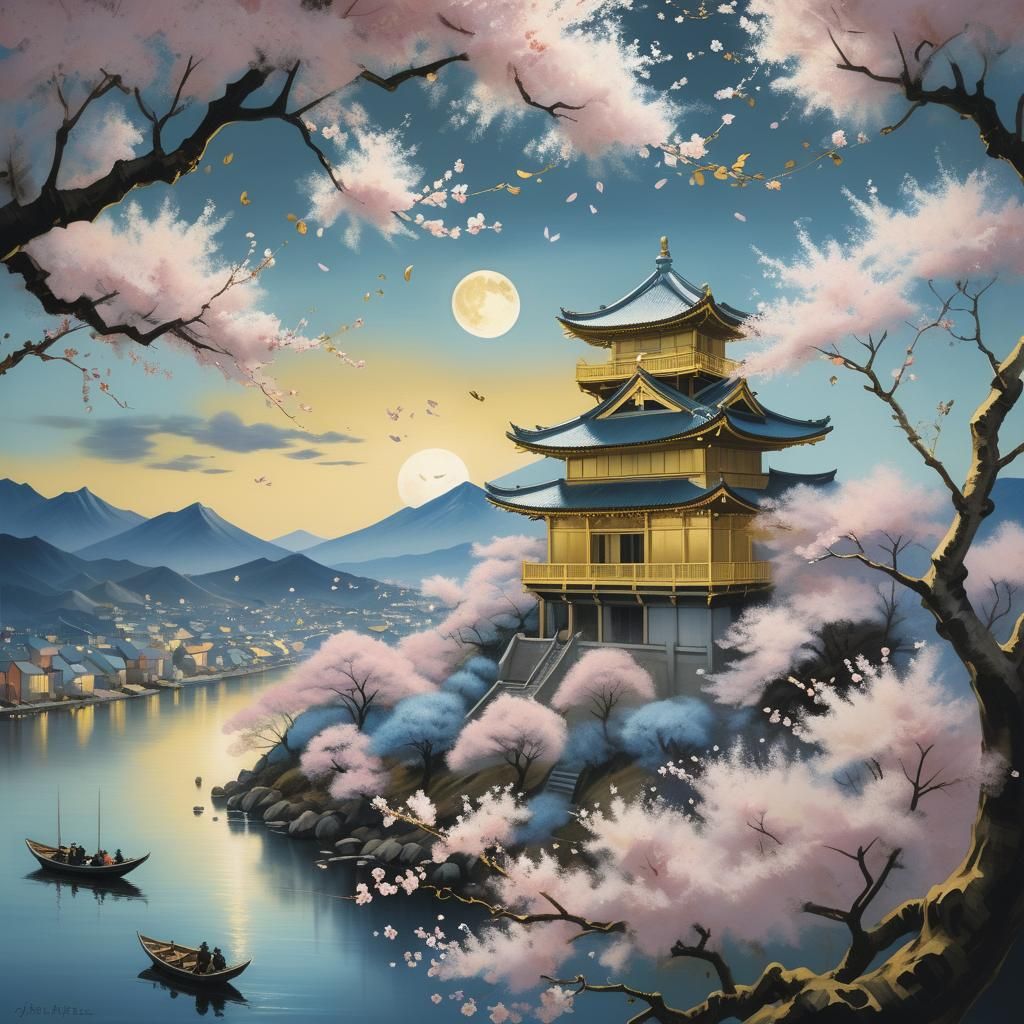 Surreal Sakura Dreamscape with Golden Petals and Serene Silh...