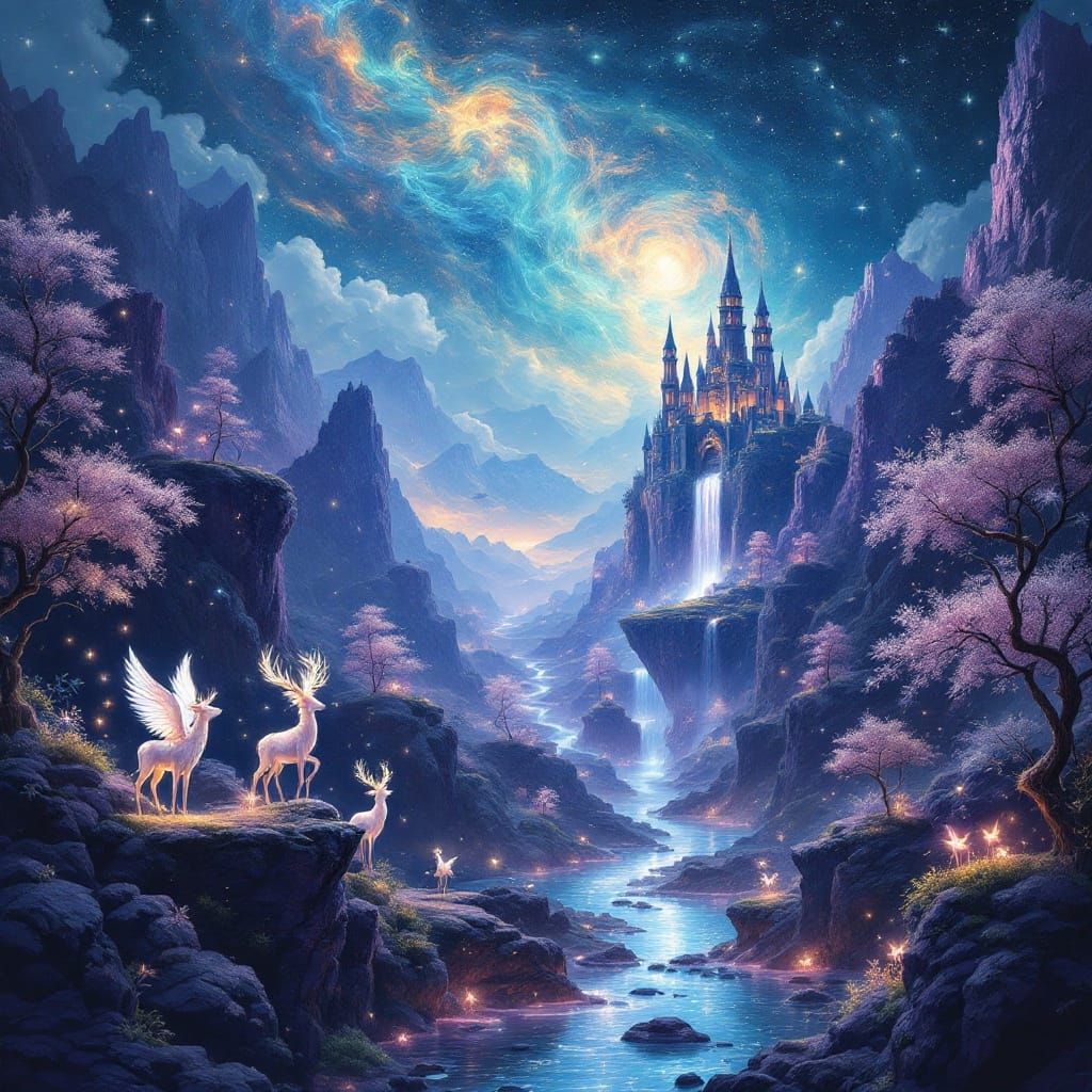 Mystical Fantasy Landscape with Winged Deer and Glowing Rive...