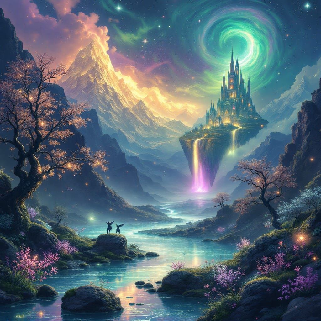 Surreal Fantasy Landscape with Iridescent Mountains and Glow...