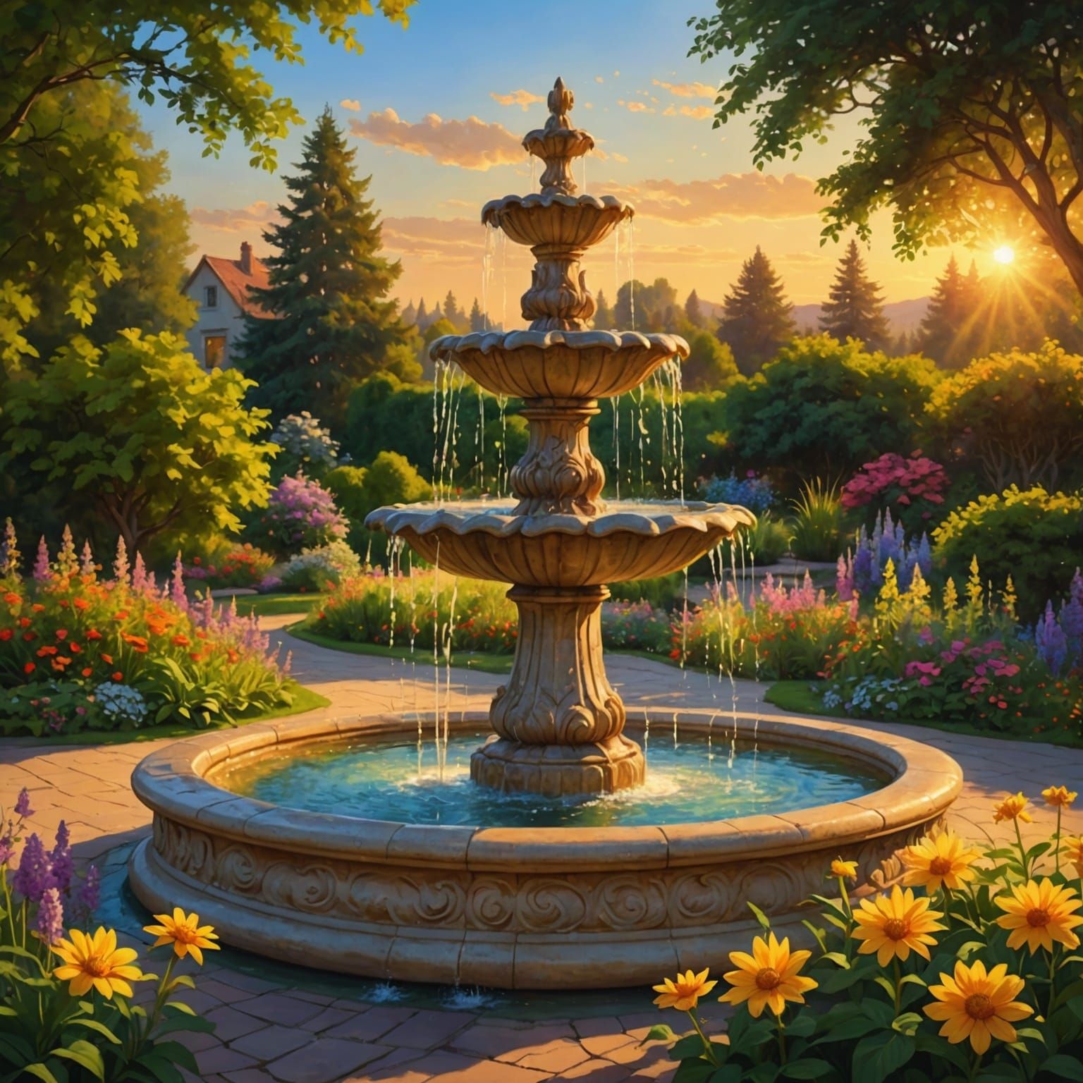 A breathtaking digital painting depicting a fountain ⛲ in the garden. The scene is bathed in warm golden light as the su...