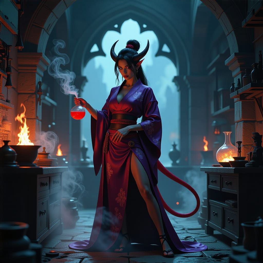 Tiefling Alchemist Mixing Explosives in Dark Fantasy Laborat...