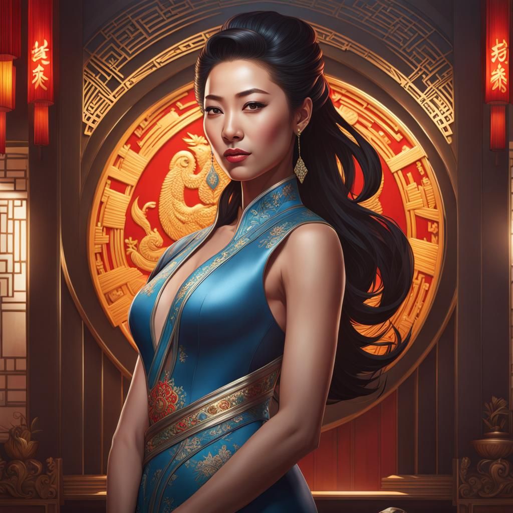 Half Asian Pin-up Portrait in Vibrant Triadic Colors