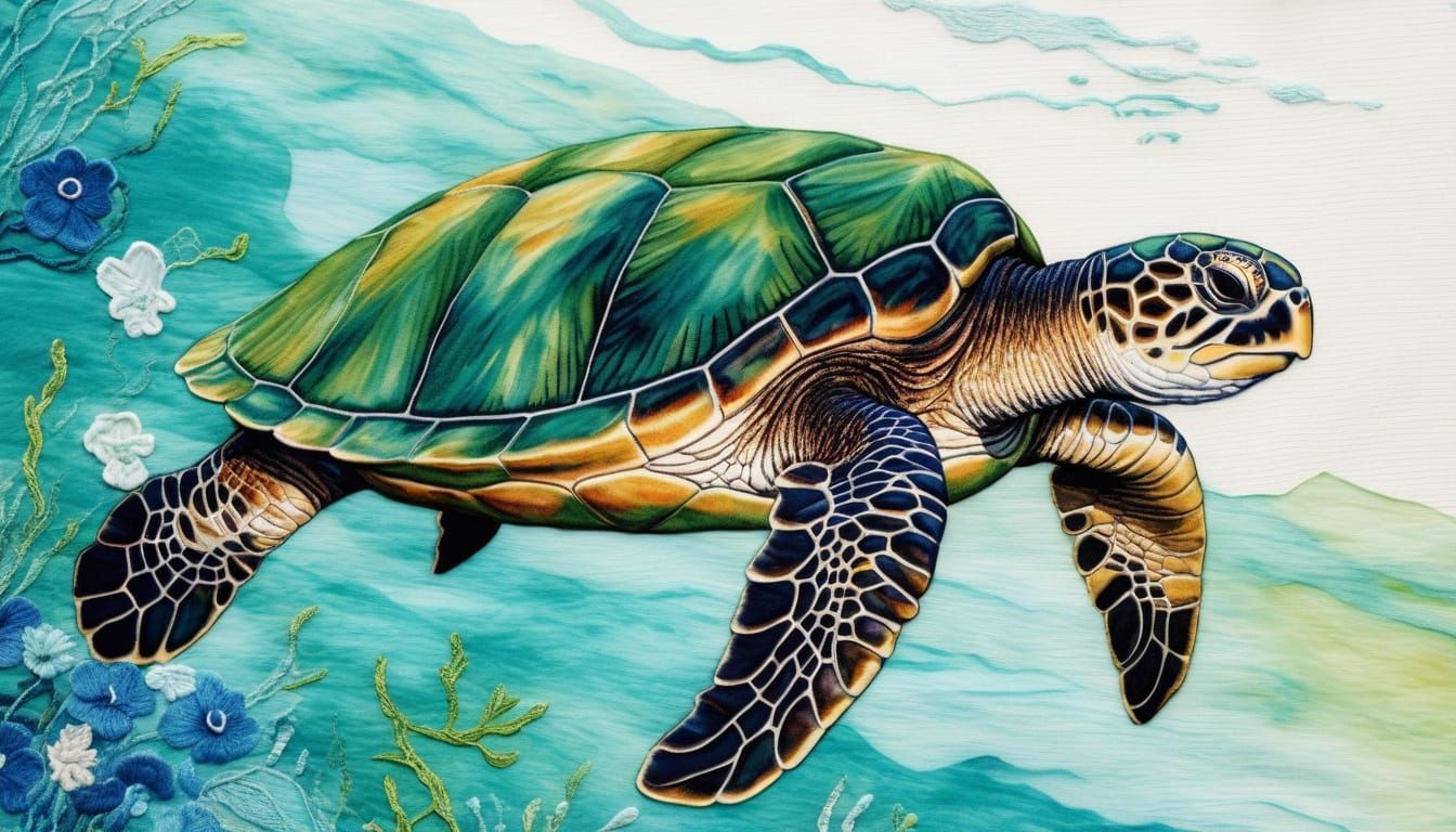 Green Sea Turtle in Tropical Waters, Watercolor Embroidery A...