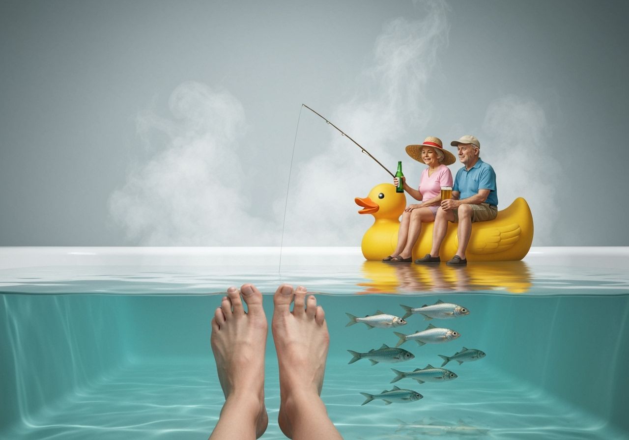 Surreal Couple Fishing on Rubber Duck in Bathtub