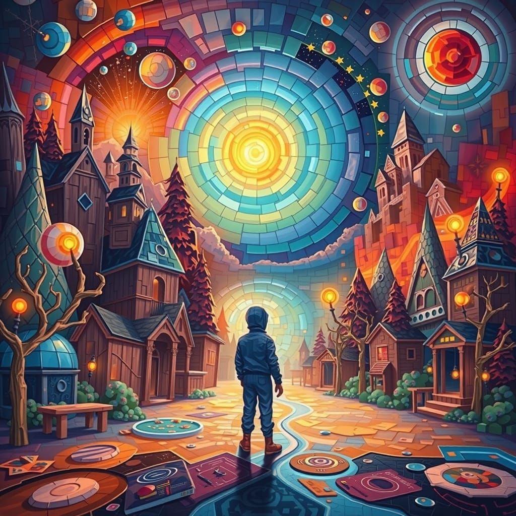 Mosaic Cubist Cabin at Sunset