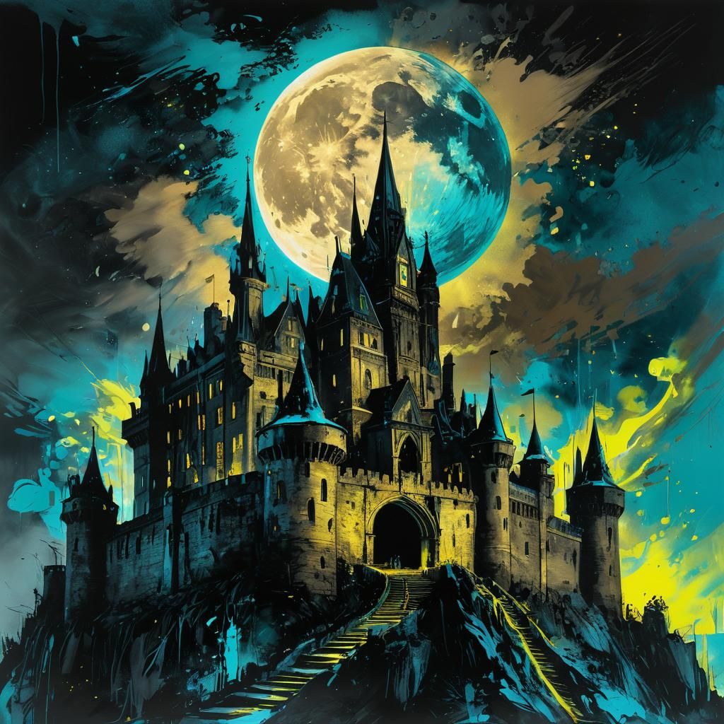 Dickensian giant black super moon with a dark blue halo shimmering over the castle ramparts. Charcoal and Ink splashes o...