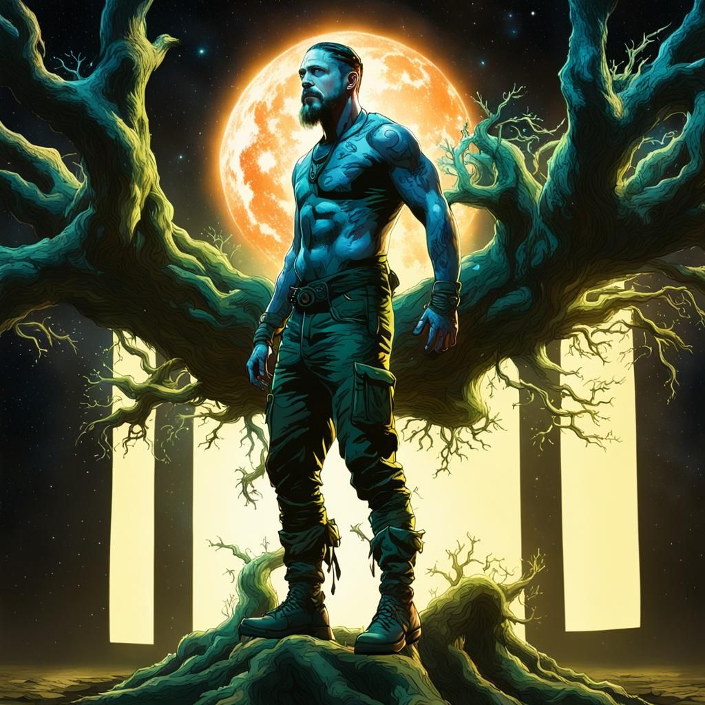 Dryad Man Under Cosmic Tree in Space