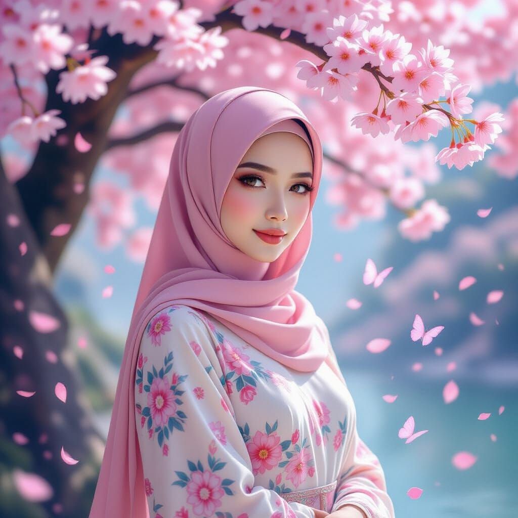 ASEAN Woman Beneath Cherry Blossoms with Magical Butterflies