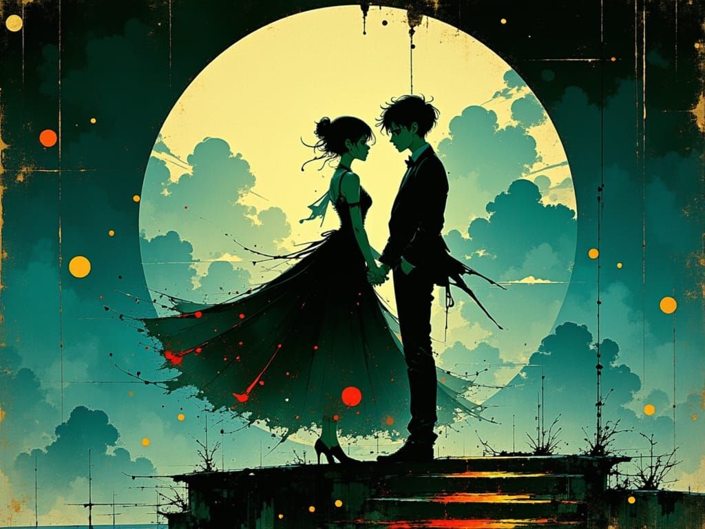 Elegant Couple Dancing Under Starry Moonlit Sky in Art Nouve...
