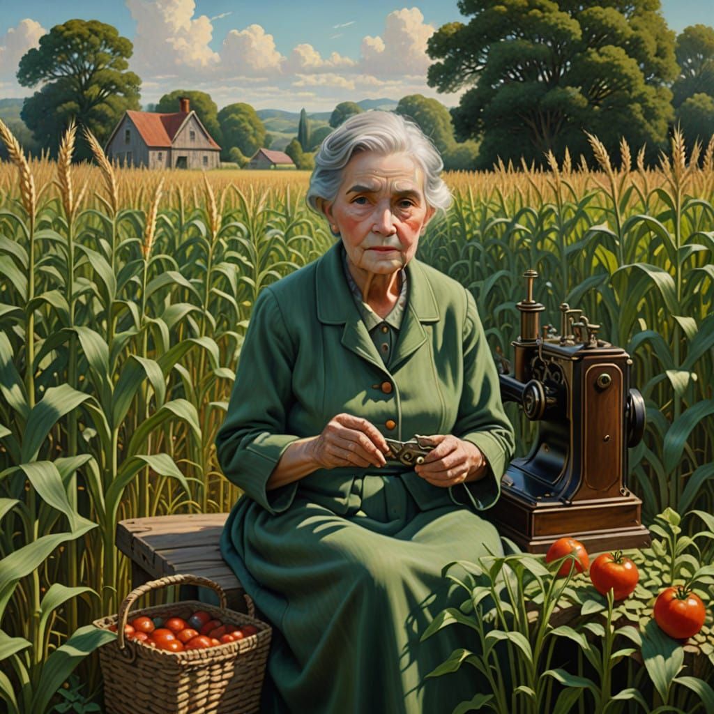 Whimsical Folk Art Scene of an Elderly Woman Knitting the Ea...