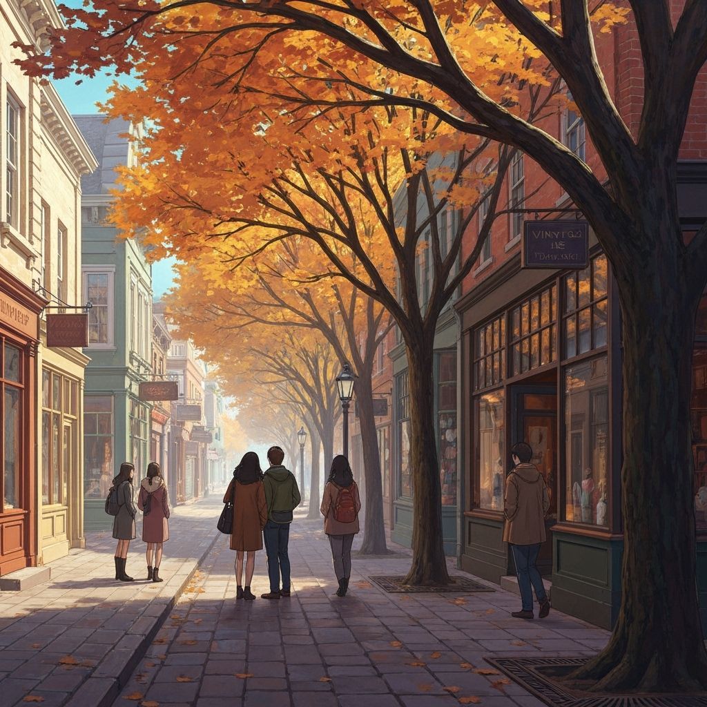 Autumn Avenue With Friends In Vintage Town