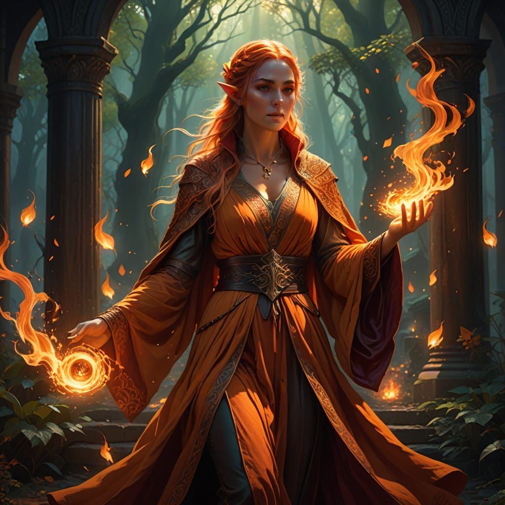 Mystical Elf Mage amidst Vibrant Flames