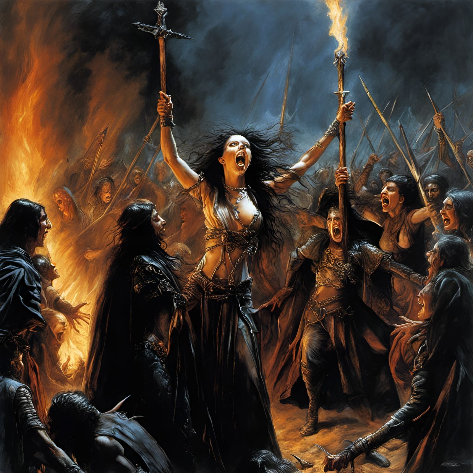 Surreal Dark Fantasy Scene of Witch Burning in Vivid Pastel...