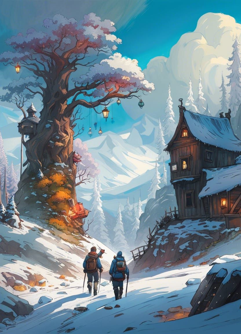 an adventure through an icy landscape, story book illustration