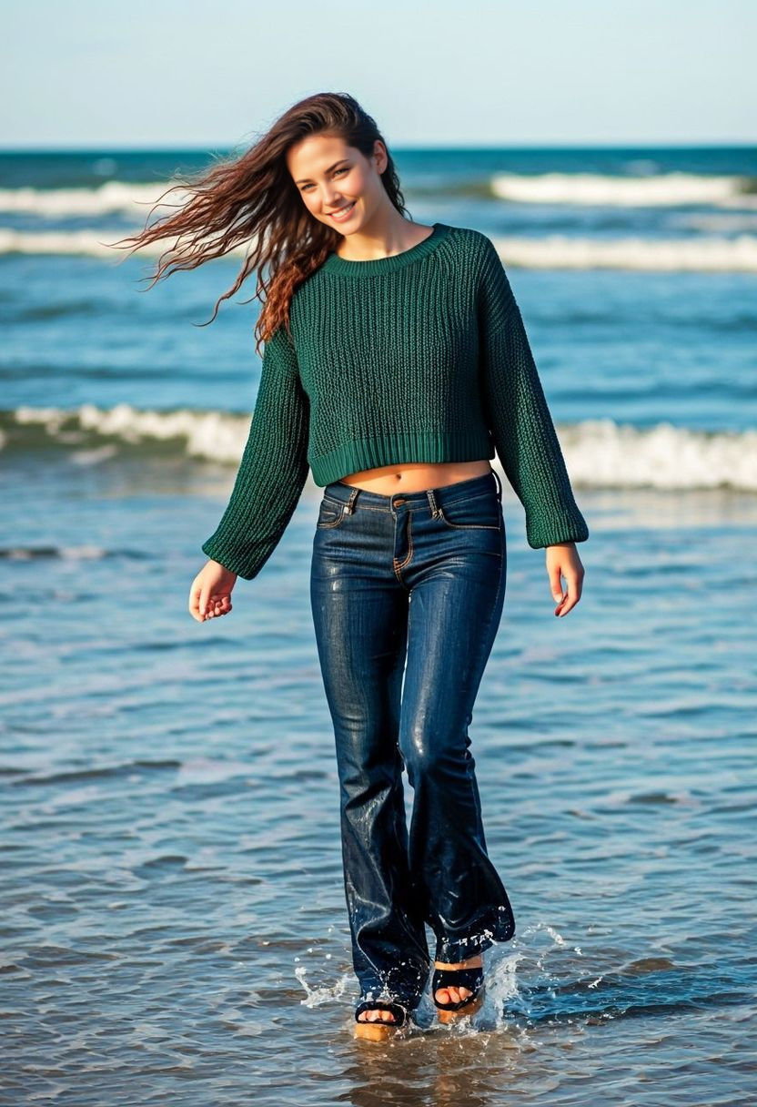 Girl Wades on Beach on Summer Afternoon