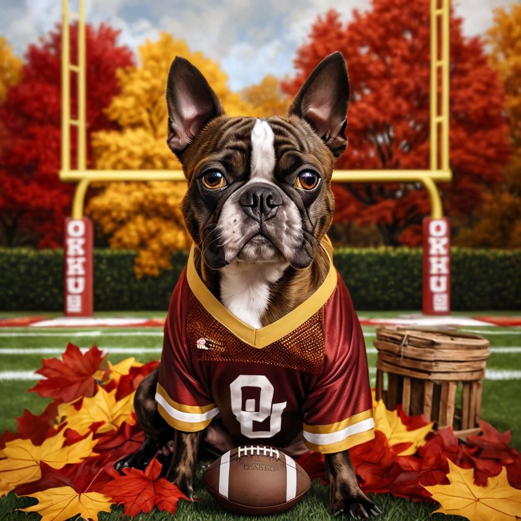 Boston Terrier in Autumn Football Scene