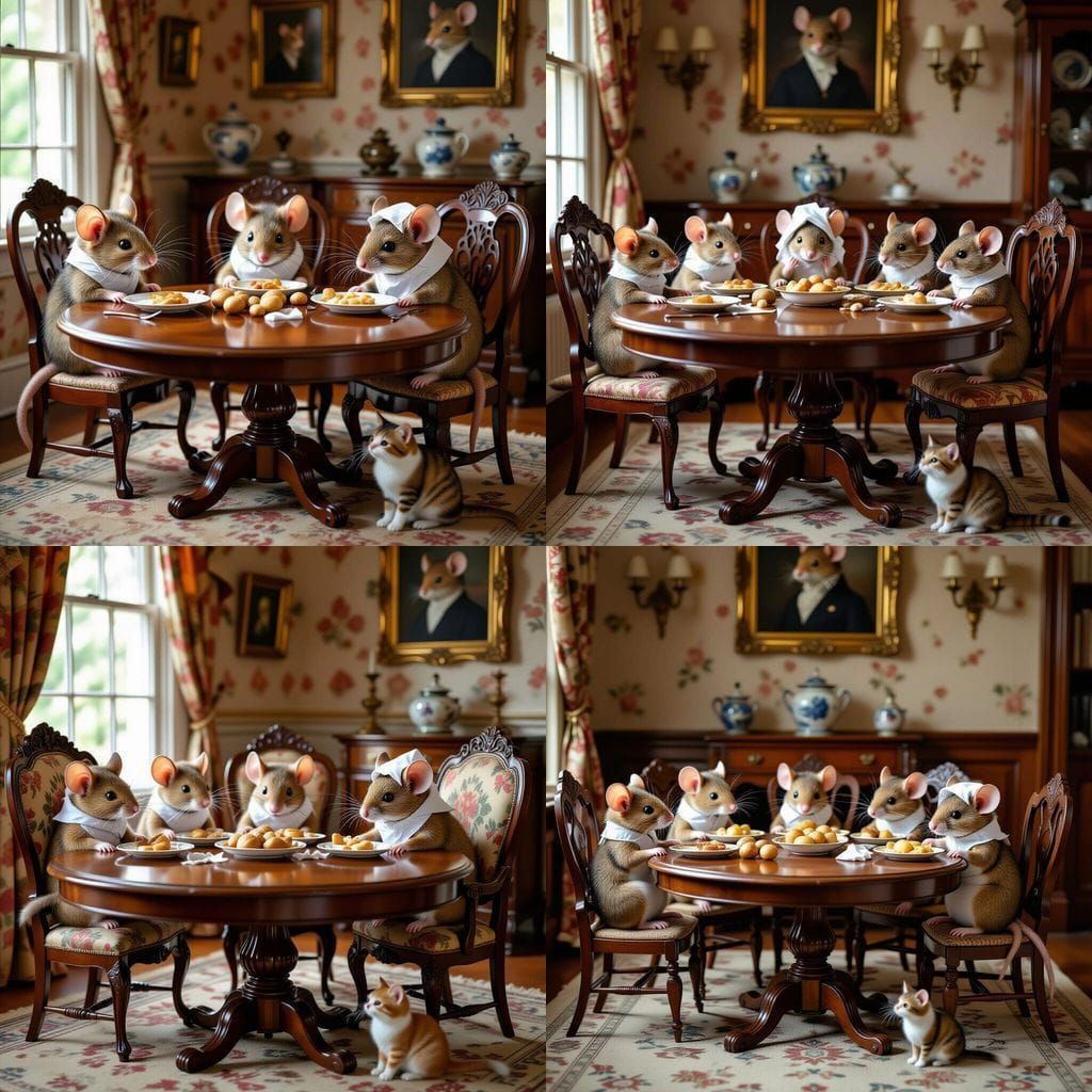 Anthropomorphic Mice Dinner Scene with Pet Cat