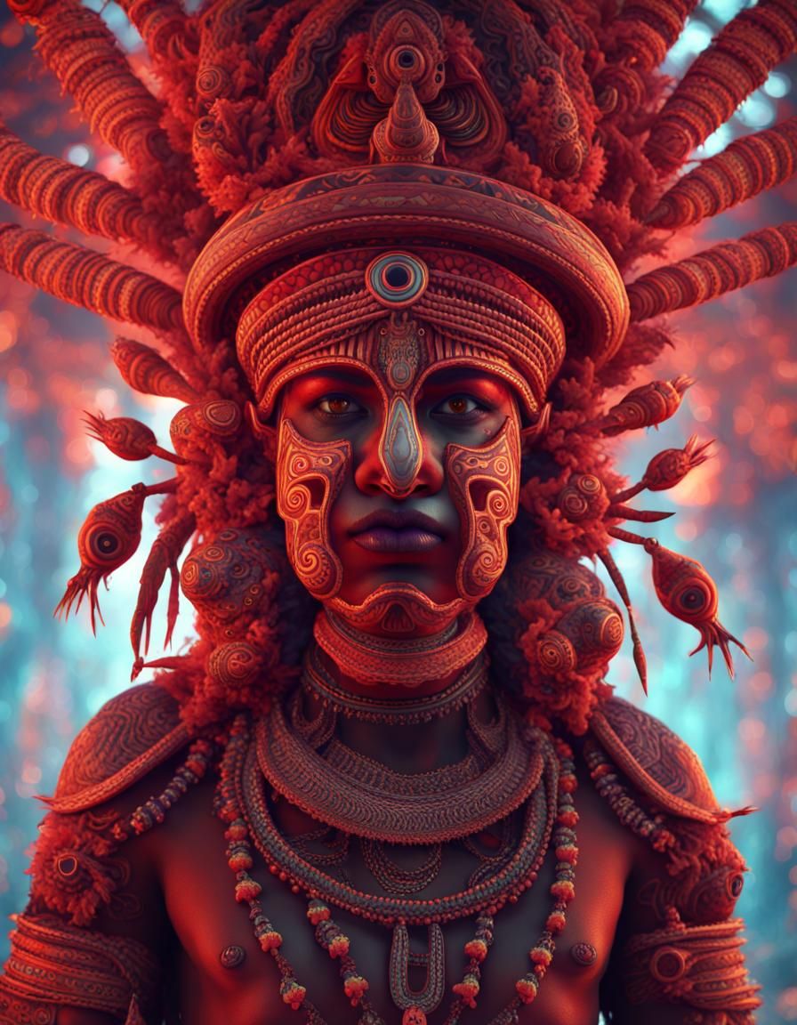 A psychedelic trippy Indian theyyam ritual dance in the centre of crawling dark fantasy creatures , psychedelic trippy p...