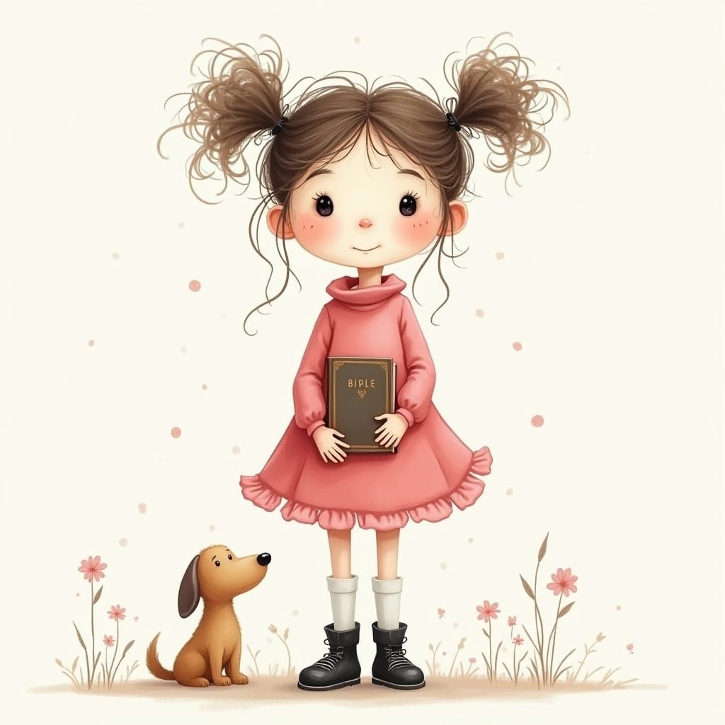 Sketchy Doodle of Girl with Dog in Winter Dress