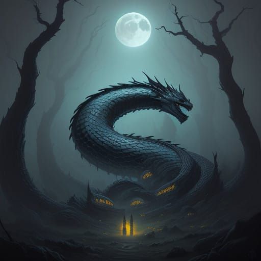 Mystical Tatzelwurm Emerges from Moonlit Mountainside in Whi...