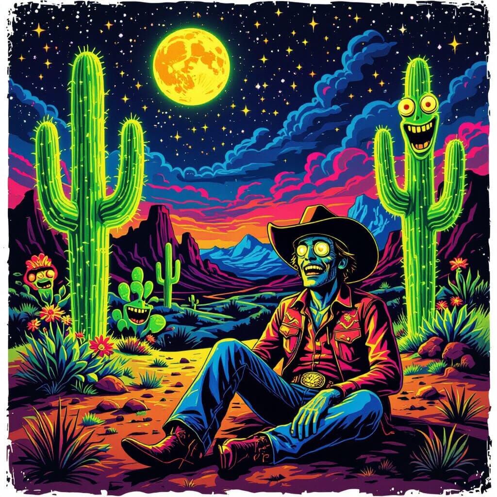 Psychedelic Western Night with Glowing Cacti and Cowboy