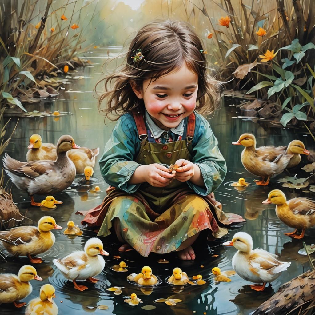 Whimsical Oil Painting of a Lady Feeding Little Ducks