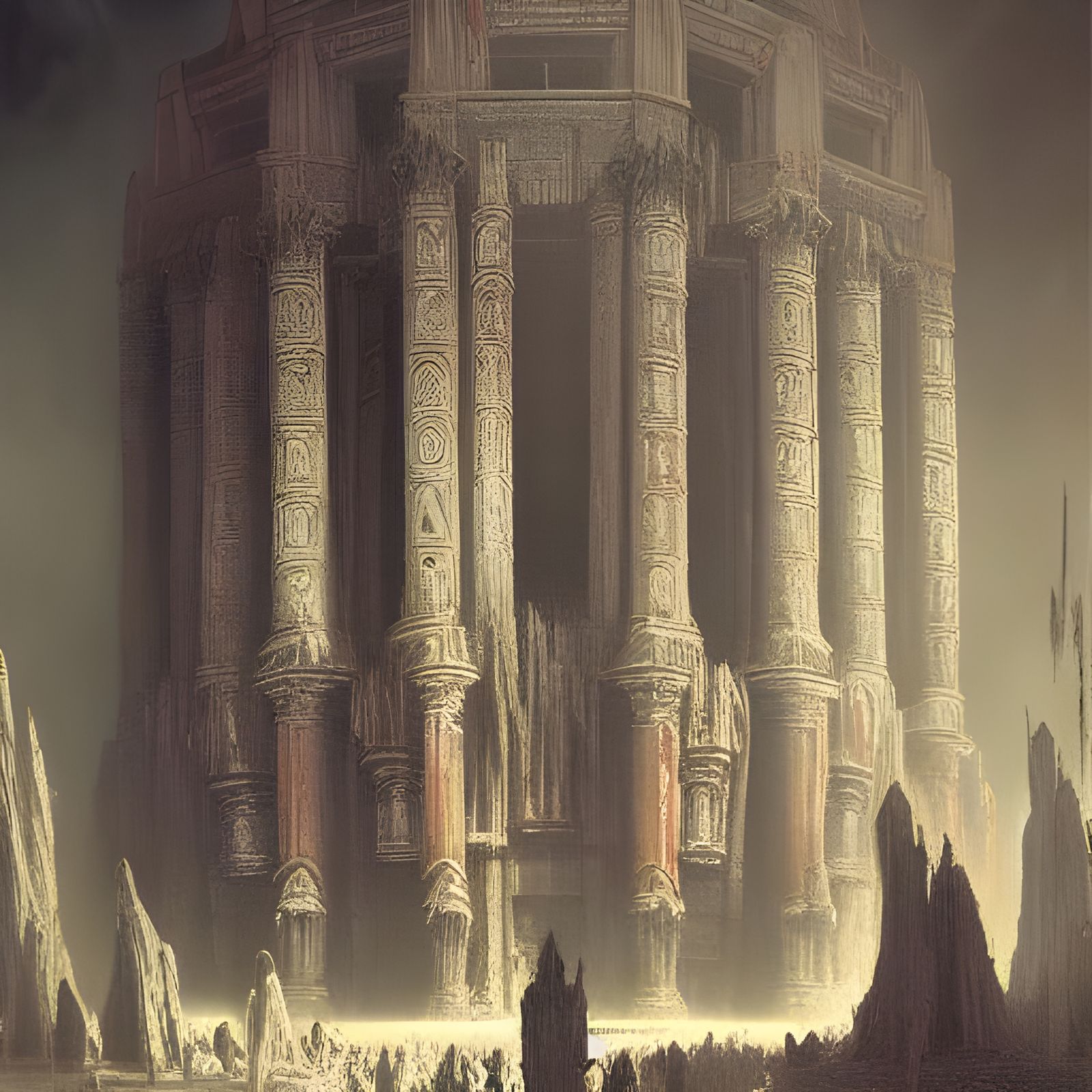 Dark Fantasy Temple with Skulls in Horror-Inspired Art