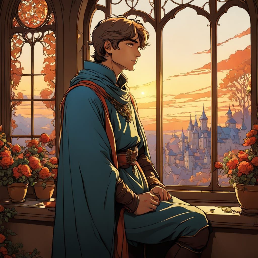 Medieval Boy Contemplates Dawn in Vibrant Cartoon Style
