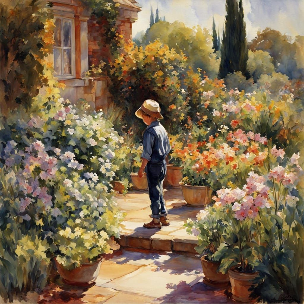 Surreal Garden Scene in Vibrant Watercolor Style